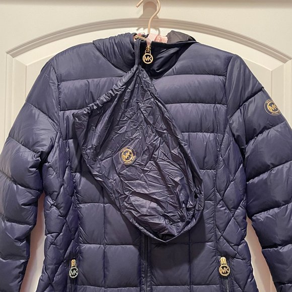 New Michael Kors Coat PS Petite Small Navy Blue Gold Logo Quilted Down Coat - Picture 3 of 8